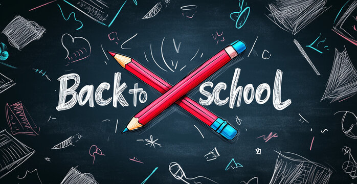 Scritta "BACK TO SCHOOL" (Si torna a scuola) su lavagna con pastelli e simboli della scuola.