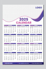 2025 One page wall calendar design template, 12 month one page modern calendar 