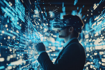 Obraz premium Virtual Reality Innovation: A businessman explores the possibilities of virtual reality, his hands interacting with a digital world within his VR headset, surrounded by a dazzling array of data and co