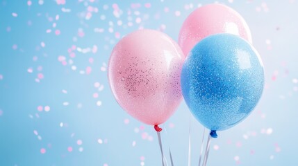 Colorful gender reveal balloons and glitter invitations for a fun baby shower celebration