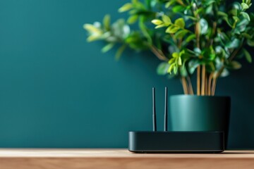 Fototapeta premium Modern router on a wooden table near a stylish plant, set against a calming teal wall, ideal for tech and home decor themes.