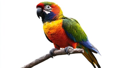 Obraz premium A single colorful parrot perched on a branch against a solid white background, emphasizing its vibrant plumage.