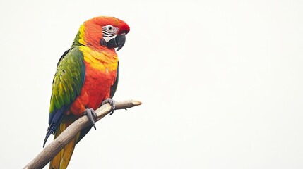 A single colorful parrot perched on a branch against a solid white background, emphasizing its vibrant plumage.