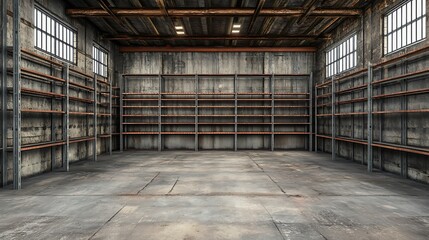 Empty Warehouse Interior with Metal Shelving