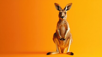 A single kangaroo standing against a solid orange background, symbolizing strength and resilience.