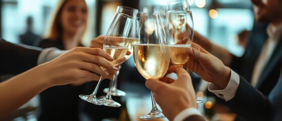 A joyful celebration with friends, clinking champagne glasses in a stylish setting filled with laughter and happiness.