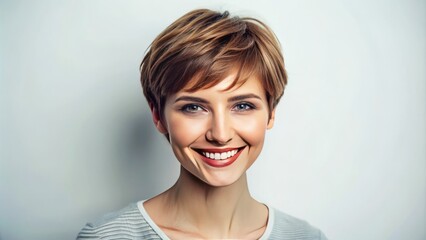 Confident young woman with a trendy short haircut and subtle highlights smiling naturally while posing against a clean white background with soft focus.
