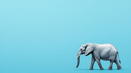 A solitary elephant walking against a solid blue background, symbolizing strength and grace.