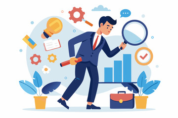 Analyze problem finding solution or opportunity, look for details to solve problem, discovery or search, root cause analysis or troubleshooting concept, businessman analyze mess with magnifying glass.