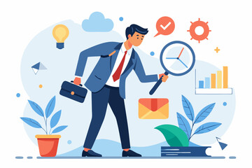 Analyze problem finding solution or opportunity, look for details to solve problem, discovery or search, root cause analysis or troubleshooting concept, businessman analyze mess with magnifying glass.