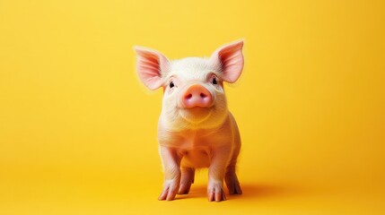 A solitary piglet sitting against a solid yellow background, showcasing its playful and curious nature.