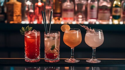 Freshening set of four cocktails with garnishments on counter with bar backdrop, concept