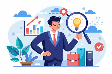 Analyze problem finding solution or opportunity, look for details to solve problem, discovery or search, root cause analysis or troubleshooting concept, businessman analyze mess with magnifying glass.