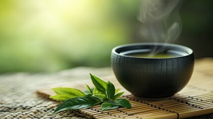A steaming cup of green tea on a bamboo mat, with fresh green tea leaves beside it, symbolizing health and wellness.