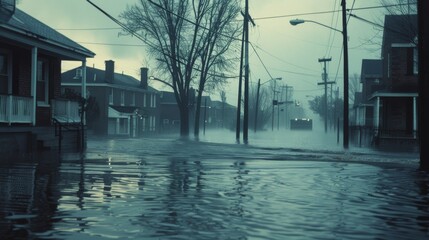 Fototapeta premium A flooded street in a suburban neighborhood, with water submerging the road and surrounding buildings.
