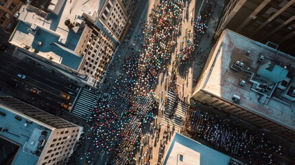 An aerial view of a crowded city street filled with marathon runners, showcasing the sheer number of participants and the enormity of the event.