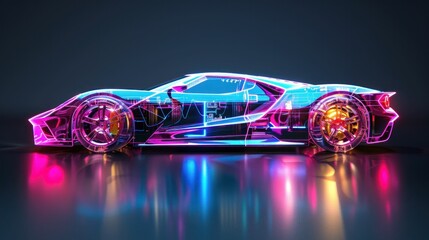 Futuristic neon sports car with glowing lines and reflections on a dark background