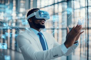 Businessman Exploring the Metaverse:  A futuristic image of a black businessman wearing VR headset, immersed in a virtual world, with data visualizations swirling around him.  The photo captures the p