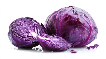 Fresh Red Cabbage with Slices and Water Drops