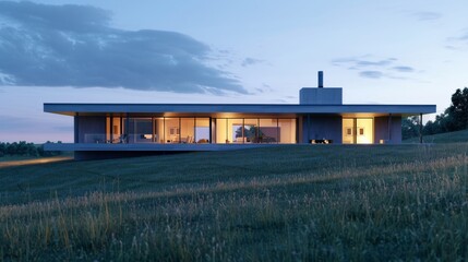 Obraz premium A sleek, modern elevated house on a grassy hillside at twilight, with lights illuminating the interior and creating a serene atmosphere.