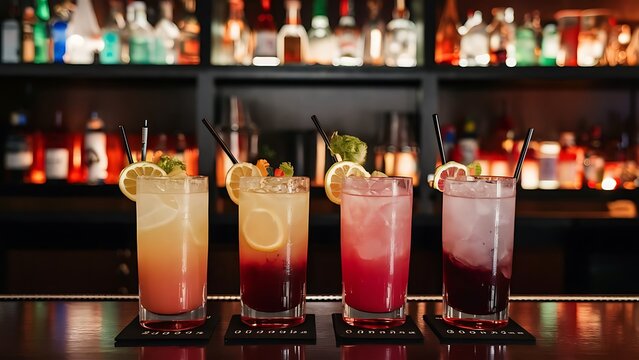 Nice color drinks on the wooden bar