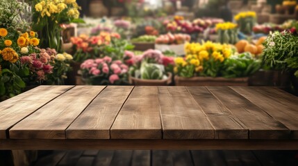 A rustic wooden table in front of a vibrant flower market filled with colorful blooms and fresh produce.