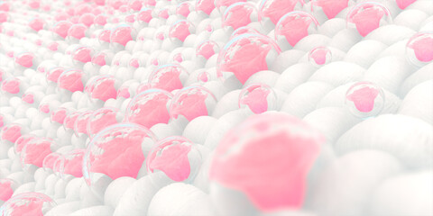 Roses in bubbles floating on fabric fibers. The idea of ​​the fragrance of roses on fabric fibers from rose-scented fabric softener. 3D illustration