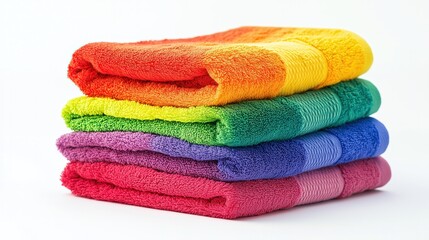 Stack of multi-colored towels on a white background, isolated