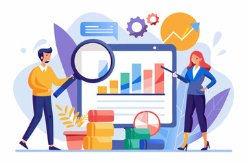 Market research, marketing or advertising survey to launch product, competitors research or social media report marketing report concept, business people look at magnify market data chart and graph.
