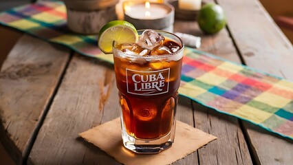 Cuba Libre Drink with lime on a wooden table
