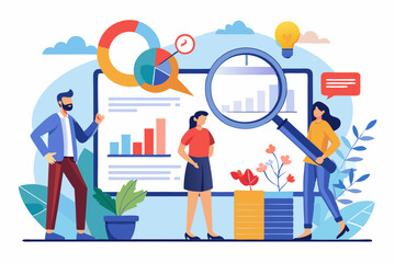 Business Professionals Analyzing Market Data Charts, Conducting Product Launch Surveys and Competitor Research, Marketing Report Concept with Social Media Insights.