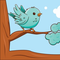 Blue bird perched on a brown branch, with a background of blue sky and fluffy clouds. Perfect for naturethemed design projects.