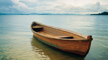 Naklejka premium A solitary wooden boat floats gently near the shoreline, framed by a calm sea and distant mountains.