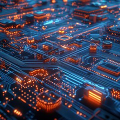 Obraz premium Abstract Circuit Board with Glowing Lines and Orange LEDs.