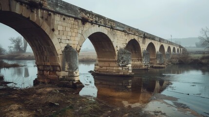 Naklejka premium An ancient stone bridge with multiple arches stretches over a calm river, draped in a delicate mist, evoking a sense of timeless history and serene beauty.