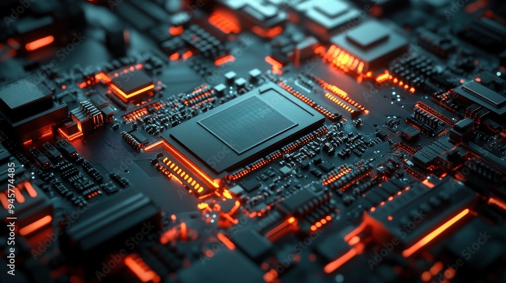Poster abstract close-up of illuminated circuit board with red glowing lines.