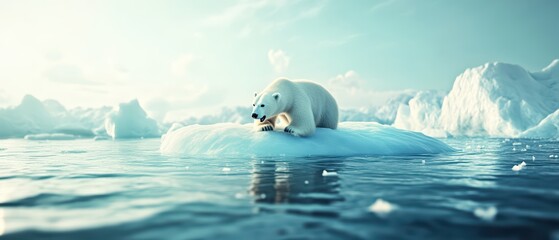Naklejka premium A serene polar bear rests on an ice floe surrounded by calm waters and a tranquil sky, capturing the beauty of Arctic wildlife.