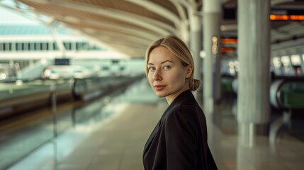 Fototapeta premium A woman in a black coat looks over her shoulder in a spacious, modern airport terminal, filled with natural light.