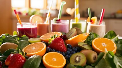 Close-up view of fresh fruits and vegetables and various smoothies in glasses on table