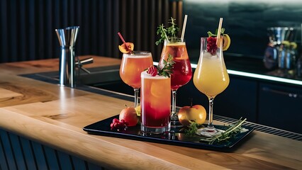 Freshening set of four cocktails with garnishments on counter with bar backdrop, concept
