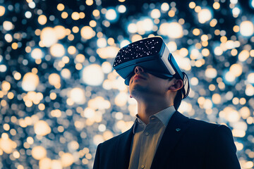 Virtual Reality Experience: Man wearing a VR headset, exploring a digital world, surrounded by glowing lights. A futuristic vision of technology and innovation. 