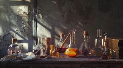 An atmospheric laboratory illuminated by warm sunlight, showcasing vintage potion bottles of different shapes and sizes on a wooden table.