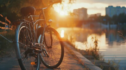 Obraz premium A vintage bicycle rests by a serene riverbank during a golden sunset, capturing a moment of calm and nostalgia.
