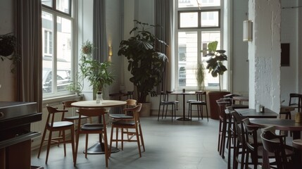 Obraz premium A bright café interior featuring wooden tables and chairs, large windows, and abundant green plants creating a serene, inviting space.
