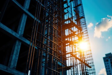 Obraz premium A striking view of building construction, showcasing beams and scaffolding against a vibrant sunset sky.