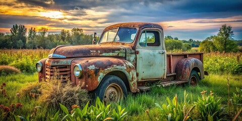Vintage rusty pickup truck abandoned in a rural field, with worn tires, faded paint, and rusty chrome accents, surrounded by overgrown weeds and faded memories.
