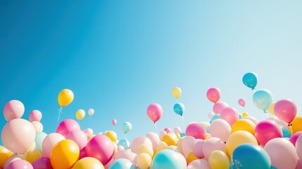 Colorful Balloons Floating in Blue Sky - Celebration, Party, Birthday, Joy, Happy, Fun