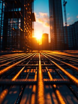 A stunning sunset casts golden hues over a construction site, highlighting intricate steel rebar against a backdrop of rising buildings.