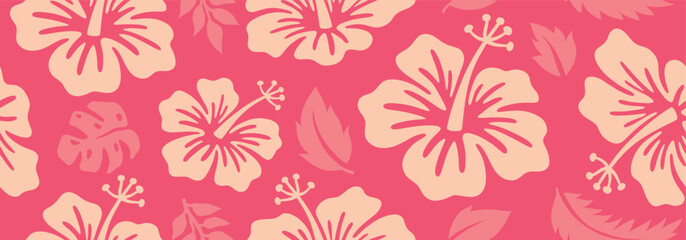Hibiscus flower with tropical leaf seamless pattern © andin