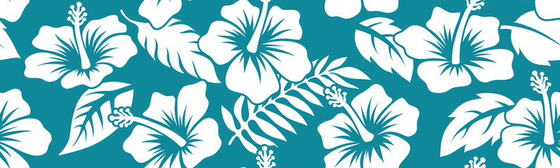 Hibiscus flower with tropical leaf seamless pattern © andin